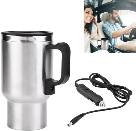 Segrehy 12V Heated Cup for Car, 450ml Stainless Steel Heated Travel Mug with Vacuum Insulation, Multiple Temp Settings & Leakproof Lid, Cigarette Lighter Plug for Coffee Tea, Commuters Road Trips