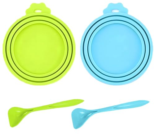 Siliget 2Pack Can Lids for Tins with Spoon, Universal Size Silicone Tin Can Covers Lids for Dog and Cat Food, BPA Free Fit 3 Standard Size Can Tops - Blue, Green