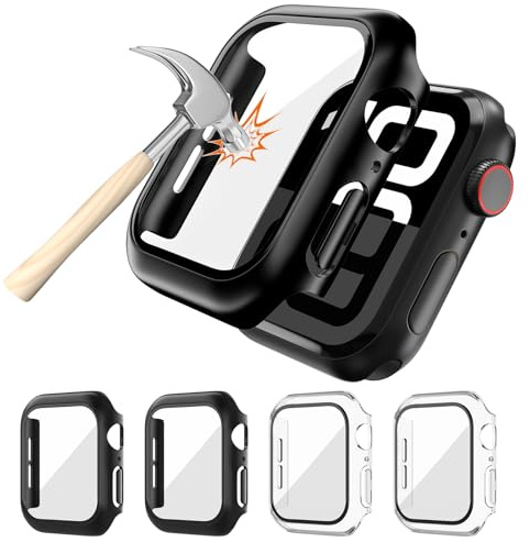 OU-BAND Schutzhülle für Apple Watch 42mm, 4 Stück, Series 11/10 | Apple Watch Hülle aus Hard-PC; Glas-Displayschutz; Kratzschutz; Touch; Spritzwasser im Alltag; 2 Schwarz, 2 Transparent