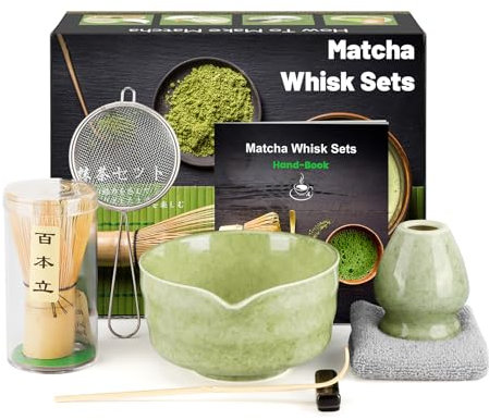 Kit de Ceremonia Japonesa del Matcha de 7 piezas, Batidora de Matcha de Bambú, Cuenco de Matcha, Cuchara, Colador, Portacucharas, Soporte para la Batidora, Juego Completo de Matcha, Verde jaspeado