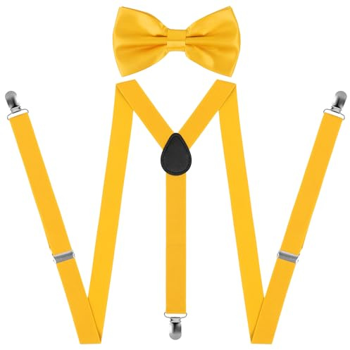 Beaface Tirantes para hombre, tirantes para hombre, con 3 clips fuertes y juego de pajarita, tirantes elásticos ajustables para boda, negocios, casual, amarillo, Taille unique