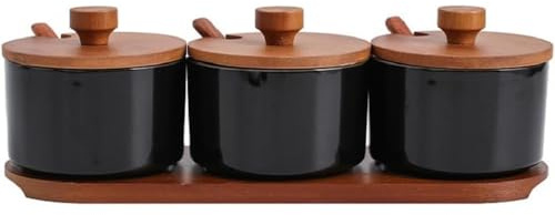MAGICVOGEL 3er Set Gewürzbehälter Zuckerdose mit Deckel,Löffel und Serviertablett Porzellan Gewürzdosen Gewürzstreuer Set für Küche Esstisch Café Restaurant Buffet Party (Schwarz)