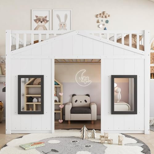 I0I&I0I Etagenbett 90x200 mit Treppe und Gitter, Hausbett Kinderbett mit Fenster, frei Gestaltbares Unterbett, Kiefer+MDF, Hochbett mit Fallschutz für Kinderzimmer (Weiß)