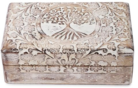 Ajuny Coffre au trésor décoratif, en bois, sculpté à la main, motif arbre de vie, marron, blanc, 20,3 x 12,7 cm, polyvalent comme rangement de bijoux, boîte à montres, cadeau