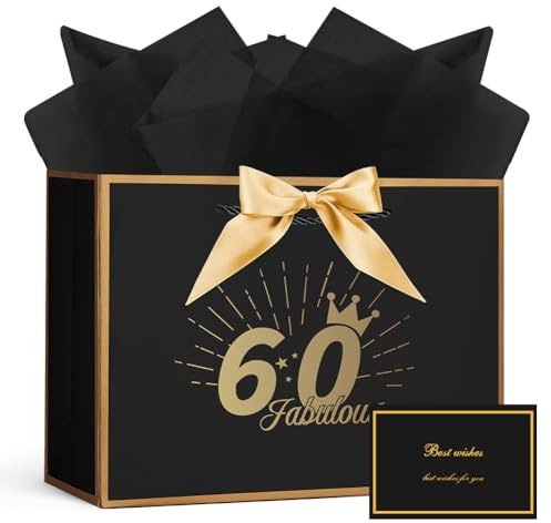 AOOSU Geschenktüte 60 Geburtstag, Papier Geschenktüten mit Schleife+1 Grußkarten+3 Seidenpapier, Schwarz Geschenktaschen Frauen Männer 60th Birthday Gift Bag, Geschenkverpackung für Geschenk Jahrestag