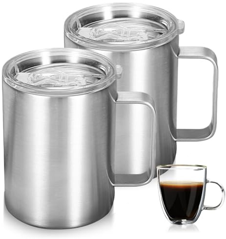 GOMETY Lot de 2 tasses à café en acier inoxydable - 350 ml - Avec anse - Double paroi - Pour les voyages, le camping - Argenté