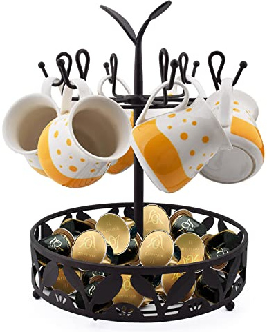 XJBTBA Arbre à Tasses avec Panier, Support de Tasse avec Rangement de dosettes de café, Support de Tasse Rotatif pour décoration de Bar à café et Organisateur de Cuisine