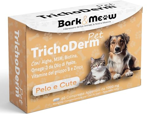 TrichoDerm Pet per Cane e Gatto. 60 compresse a base di Biotina, Omega 3, Zinco, Alga Bruna, e Vitamine B per il benessere di pelo e cute.