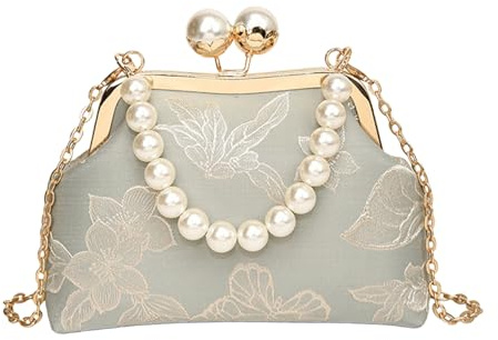 ANNUOZE Abendtasche Damen, Vintage Blumen Clutch mit Perlen, elegante Kisslock Handtasche, Umhängetasche für Hochzeit, Party & Ball (Grün)
