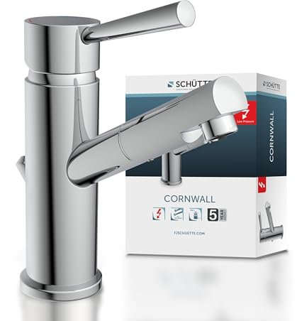 SCHÜTTE Waschtischarmatur CORNWALL Niederdruck, Badarmatur, Einhebelmischer mit Ablaufgarnitur, Chrom