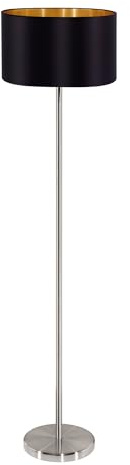 Eglo Lampadaire Maserlo, lampe sur pied textile 1 flamme, lampadaire en acier et tissu, couleur : nickel mat, noir, or, douille : E27, avec interrupteur au pied
