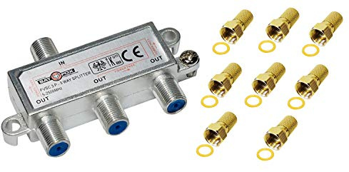 3-Fach Verteiler/Splitter inkl. 8 F Stecker; für Sat, Kabel TV, DVB T und UKW; HDTV; Metall-Gussgehäuse