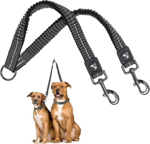Kruz Pet Double Dog Leash for Small Dogs (Width - 5/8”, Length 14-27”) | Nylon Dual Dog Leash with Tangle-Free Swivel | Shock-Absorbing Reflective Bungee for Comfortable Walking & Training – Grey