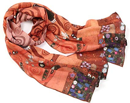 Prettystern Damen bunter Seidenschal - Gustav Klimt Jugendstil Kunstdruck - Gold Orange Damen-Schal aus 100% Seide P875 Lebensbaum