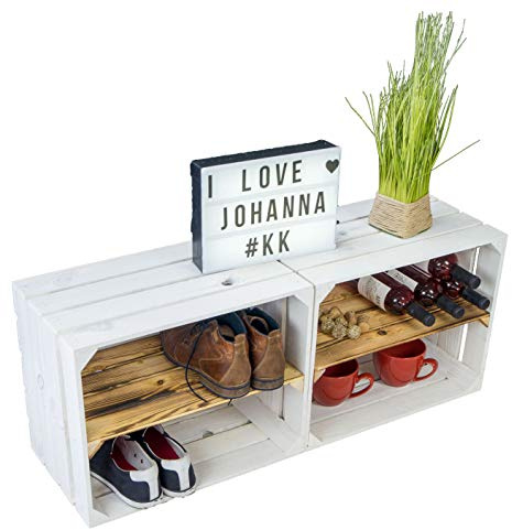 Kistenkolli Altes Land 2er Set Obstkistenregal WEIß Johanna mit Mittelbrett geflammt LÄNGS Schuhregal Weinkistenregal Holzkiste Regalkiste