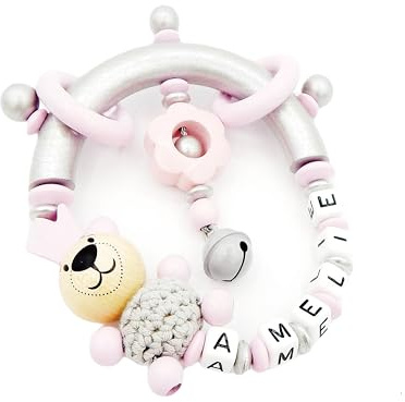 Greifling mit Namen - Blume/Häkelbär/Krone in rosa/silber
