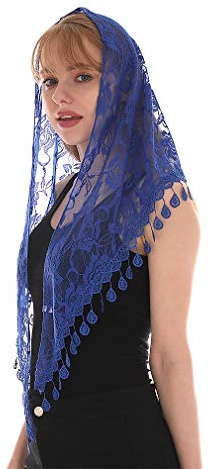 LMVERNA Dreieckiger Mantille-Schal für Damen, Spitze, leichter Quastenschal, modische florale Schals und Tücher für Damen, Blau