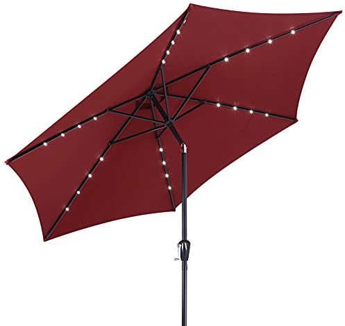 Kingsleeve® Miami 2.7m Aluminium Garden Parasol with UV80+ Protection, LED Solar Lighting and Protective Cover | 270cm Large Balcony Patio Umbrella | Hexagonal Round Tiltable | Red