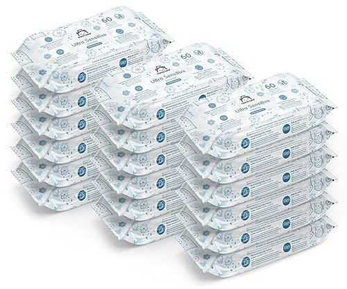 Amazon 1080 Salviettine Umidificate Ultra Sensitive per Neonati, Senza Profumo, 18 Confezioni da 60, (in Precedenza un Marchio Mama Bear, Stesso Prodotto)