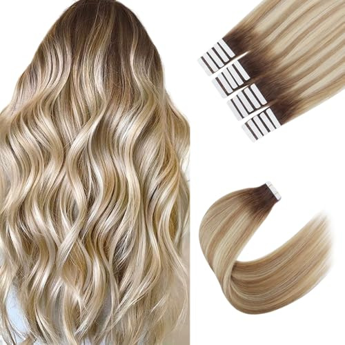 Sixstarhair Echthaar Extensions Tape 20pcs 50g 45cm Tape In Haarverlangerung Kurz Haar Wurzelbraun, Das Zu Aschbraun Verblasst, Gemischt Mit Strandblond Tape Extensions Echthaar