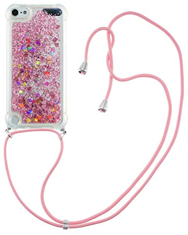COTDINFOR Handykette Hülle für iPod Touch 7 Flüssigkeit Glitzer Clear Cover Protective Sparkle Floating Bling Silikon Lanyard Handyhüllen für iPod Touch 5/6 / 7 TPU Rose Love YB.
