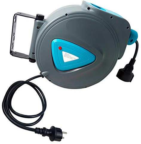 Aufun Enrouleur de câble automatique d'extérieur avec thermostat de protection contre les surcharges 20 m - Enrouleur électrique rotatif à 180° - Support mural avec matériel de montage inclus - Bleu