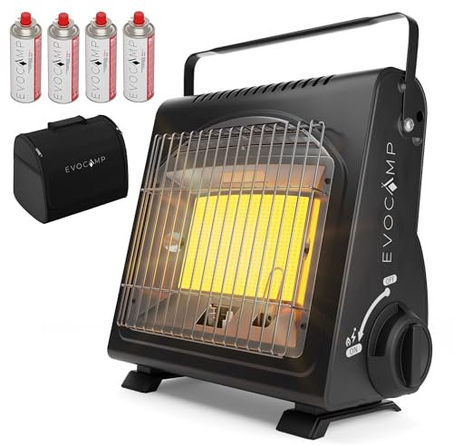 EVOCAMP Tragbare Gasheizung, Camping Heizung 1,7 kW, multifunktionale Keramikheizung, perfekte Gasheizung für Outdoor mit ODS (Sauerstoffmangelsicherung), mit 4 Gaskartuschen