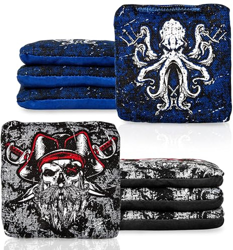 Play Platoon Pro Cornhole Bags Set of 8 - Professional Dual Sided Slick and Sticky Side Competition Corn Hole Bags - Tournament Series 4 Gray Pirates & 4 Blue Krakens
