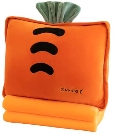 Rikyo Juego de manta y almohada de viaje de frutas rellenas de 15 pulgadas, almohada de peluche 3 en 1 para abrazar con manos calentadas, siesta de oficina (zanahoria, naranja)
