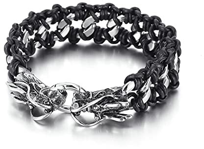 Ayoiow Männer Armbänder, Armreif Edelstahl Armbänder Leder Flechtarmband mit Drachenkopf