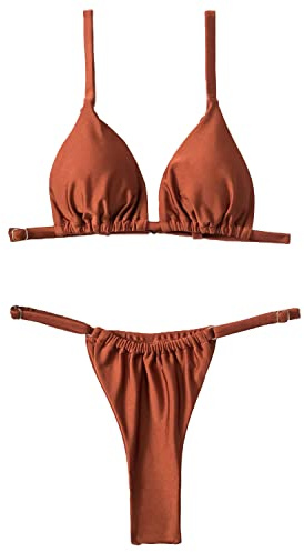 Silkglory Bikinis Mujer 2023,Bikini Tanga Triangular Cuello En V Push Up Traje de Baño de 2 Piezas,Bikini Brasileño Mujer Sexy de Moda de Brillante Marrón Sólido- L