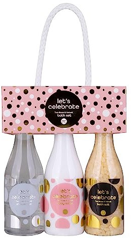 Accentra - Set de regalo Celebremos a las mujeres en botellas de champán Set de baño y ducha que incluye gel de ducha, loción corporal y sal de baño Set de bienestar de 3 piezas para mujeres y niñas