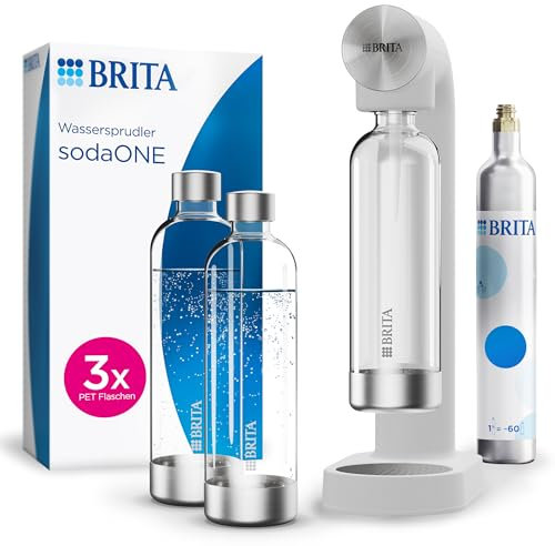 BRITA Wassersprudler sodaONE, weiß, inkl. CO₂-Zylinder und 3 BPA-freien PET-Flaschen, Macht aus Leitungswasser spritziges Sprudelwasser auf Knopfdruck, bis zu 60l pro Zylinder