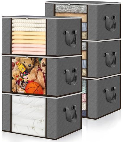90L Storage Bags - 6 Pack Large Capacity Clothes Bags with Zips, Foldable with Reinforced Handles, Wardrobe Organiser Packing Boxes with Clear Window for Bedding, Grey