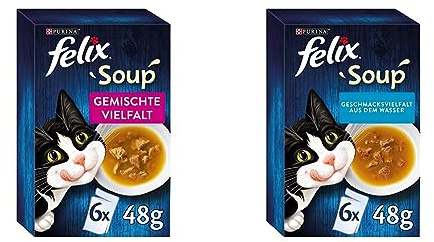 FELIX Soup, Suppe für Katzen mit zarten Stückchen, Sorten-Mix & Soup, Suppe für Katzen mit zarten Stückchen, Geschmacksvielfalt aus dem Wasser, 8er Pack (8 x 6 Beutel à 48g)