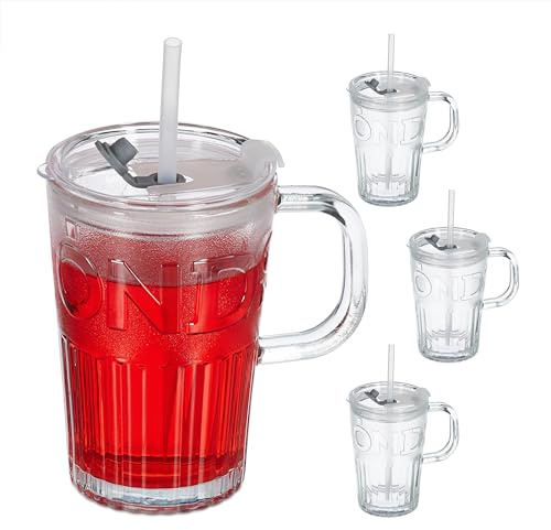 Relaxdays Trinkgläser 4er Set, Getränkebecher mit Deckel & Strohhalm, Saftglas 450 ml, Glasbecher Henkel, transparent