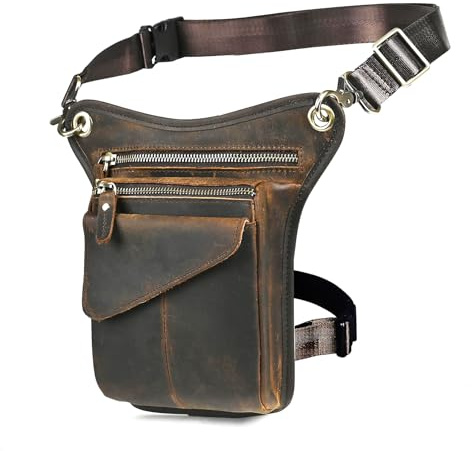 Handadsume Vattentät Canvas Äkta Läder Motorcykel Midjeväska Lår Benväskor för Herr Dam FB211-6 X3-Brun Medium Elegant Retro Vintage Stil