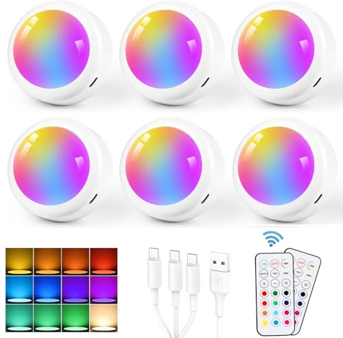 Vankarr RGB Luce Sottopensile LED Ricaricabile USB Luci Armadio Senza Fili 13 Colori Dimmerabili con Telecomandi, per Scale, Vetrine, Armadietti, Camera, 6 pezzi
