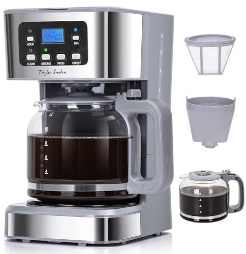 Taylor Swoden Macchina da Caffè Americano 950W per 12 Tazze e Capacità da 1,5 L con Filtro Riutilizzabile e Base con Mantenimento Caldo, Sistema Antigoccia, Timer e BPA FREE - Pewter