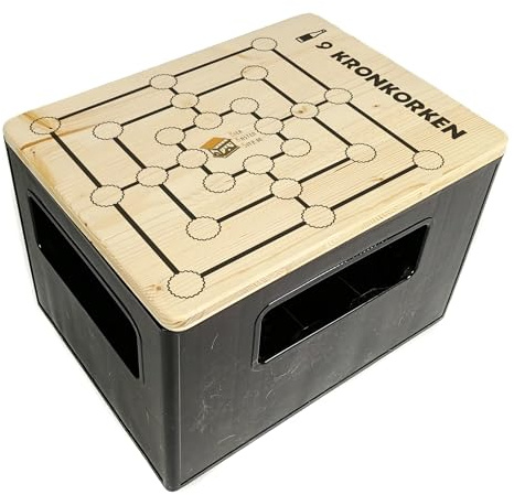 bierkasten-sitz Outdoor Hocker, Sitzauflage aus Holz für Getränkekisten - Partyspiel - 9 Kronkorken - inkl. Spielfiguren