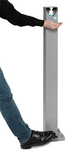 PROREGAL Robuster Handdesinfektionsspender mit Pedal | Bodenmontage | HxBxT 120x34x34cm | Verzinkter Stahl | Silber | Spender Desinfizieren