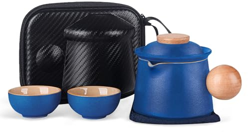 fanquare Service à Thé en Porcelaine Service à Thé de Voyage Miniature Bleu Théière Chinoise Kung Fu avec Infuseur et Sac de Rangement pour l'extérieur