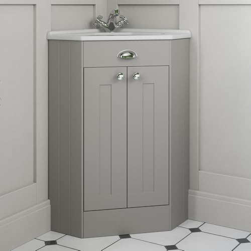 BAYSTONE® Bathroom Cloakroom Corner Vanity Unit Wash Basin Sink Cabinet Grey Double Door Free Standing Storage Unit Furniture 585mm