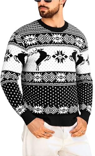 Marvmys Jerseys Navideños Hombre Invierno Suéter Divertido Copo Nieve Elk Cuello Redondo Pullover Navidad Negro L