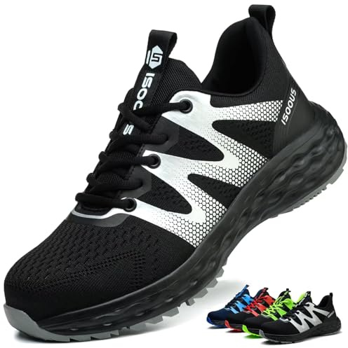 Zapatos de Seguridad para Hombre Mujer Ligero Zapatillas Trabajo Comodo Calzado de Seguridad con Punta de Acero Antideslizantes Negro 44 EU