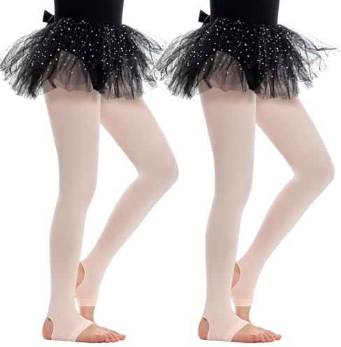 MANZI 2 Paar Mädchen Ballett Strumpfhosen 40 Denier Convertible Fuß Steigbügel Tanz Strumpfhosen für Mädchen Leistung Ballettpuder M 7-10 Jahre