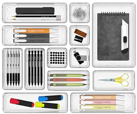 Cetomo 14 Pcs Drawer Organiser Set, Plastic Storage Organizer, Drawer Dividers, Adjustable and Expandable, Container Tray for Kitchen Utensils, Cosmetic, Makeup, Gadgets, Clear, 4 Size-14 Pack