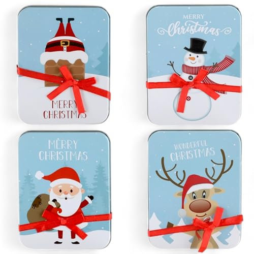 MIJOMA Lot de 4 Boîtes Cadeaux de Noël en Métal - Pour Argent, Cartes de Bons d'Achat, Cartes Prépayées, Bonbons - Élégantes Boîtes en Tôle, 12 x 9 cm, 4 Motifs
