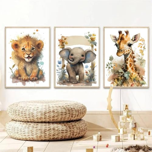 Youihom 3 Bilder Kinderzimmer Waldtiere Baby Junge Poster Set Beige Tiere Bild Dschungel Kinder Wandbilder Safari Kinderzimmer Deko Boho Junge Mädchen Leinwand ohne Rahmen (YHH016–40x50cm)