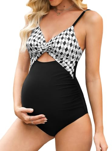 CUPSHE Traje de baño de maternidad de una pieza con cuello en V para embarazo, traje de baño para mujer con abertura frontal y tirantes ajustables, Negro/Blanco/Geo, S